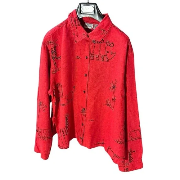 Chico’s red rhino elephant zebra shirt shacket long sleeve size 2 100% linen - Picture 1 of 15